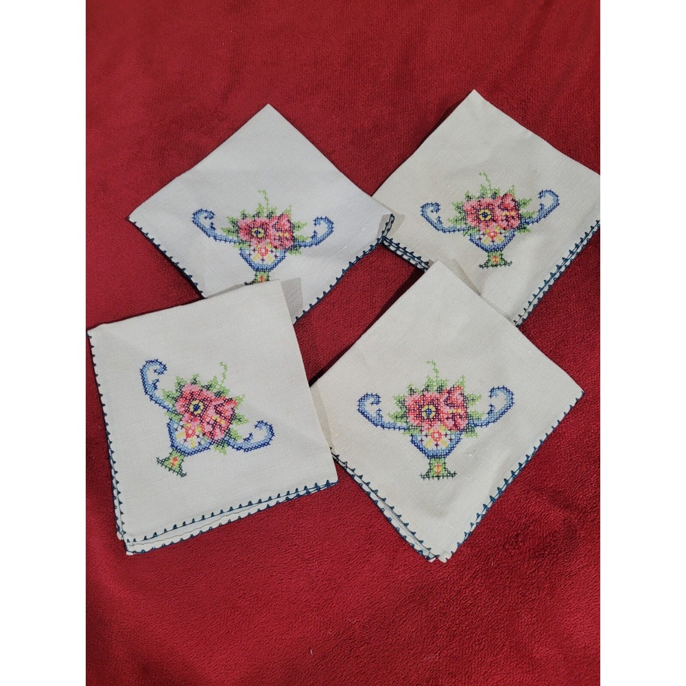 Vintage Cross Stitch Linen Napkins 4 Hemstitched 10 X 10 Sq Tea Coffee Luncheon